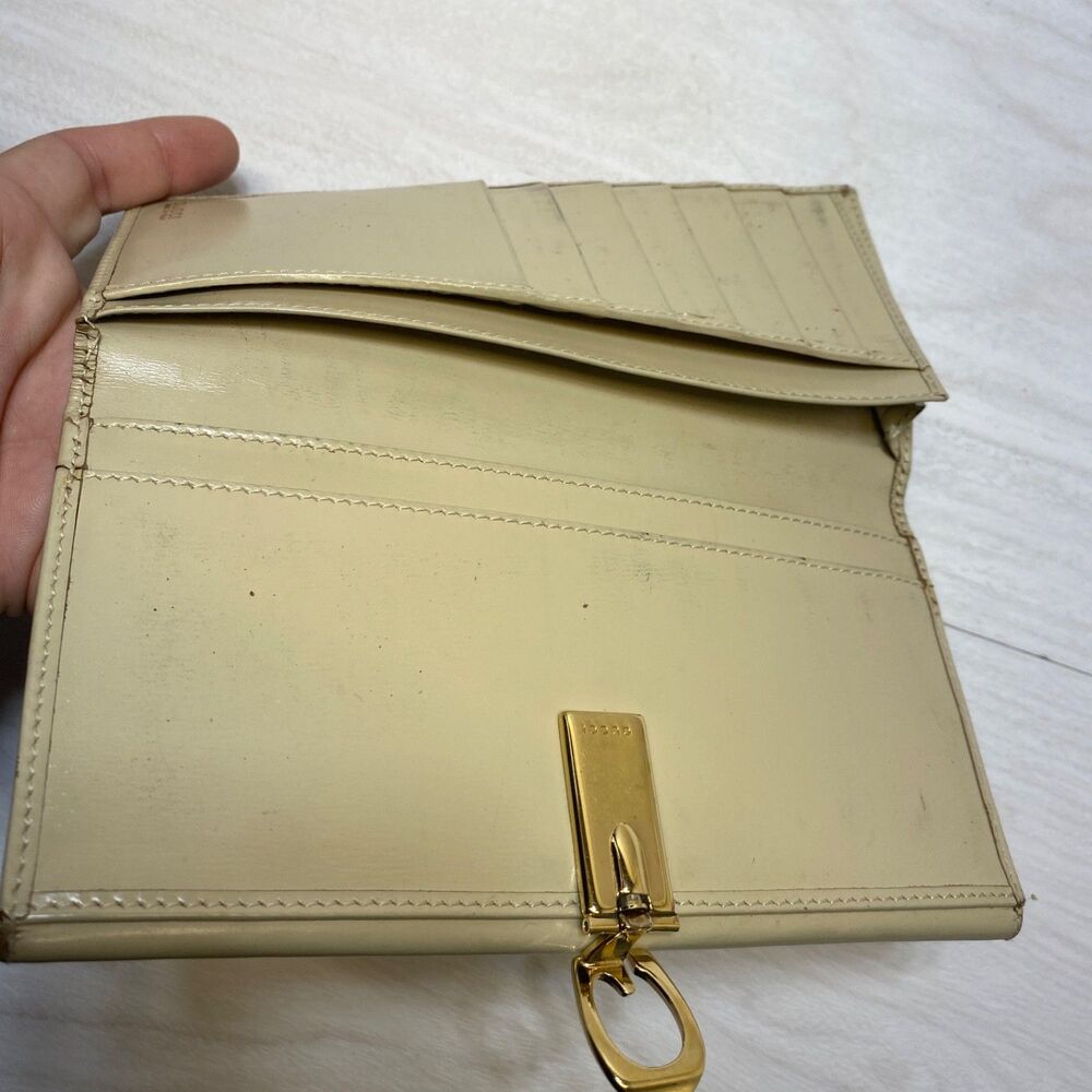 Gucci Bi-Fold Long Womens Wallet GG Monogram Authentic Beige W Gold Clasp - Picture 13 of 16